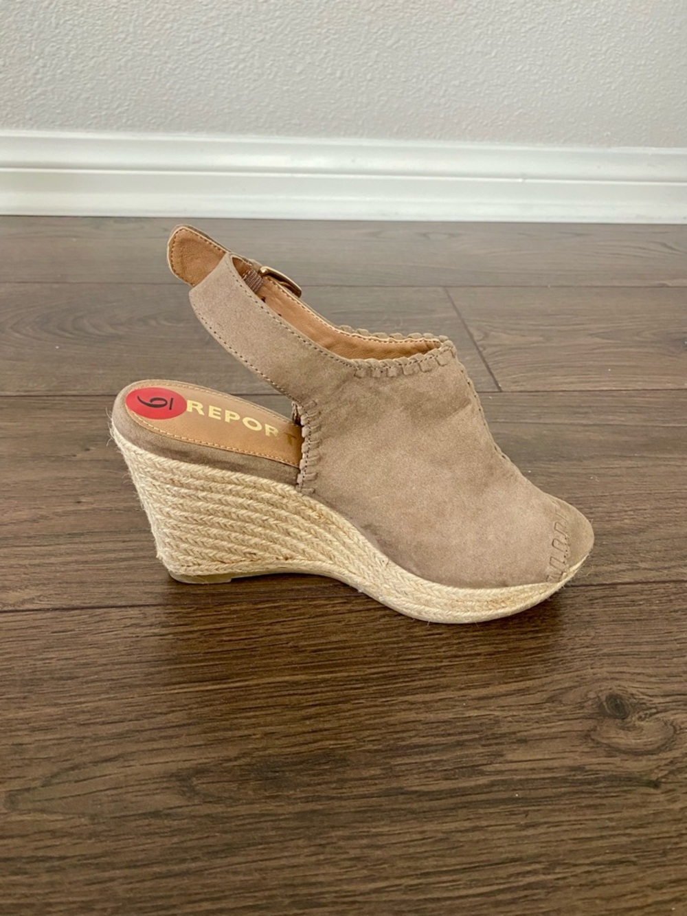 Report, NWOT, Taupe Suede Espadrille Wedge Slingback